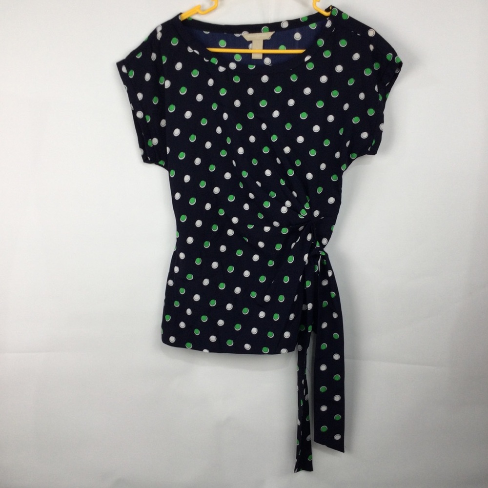 Banana Republic Navy Polka Dot Tie-Waist Blouse - Green & White Dots